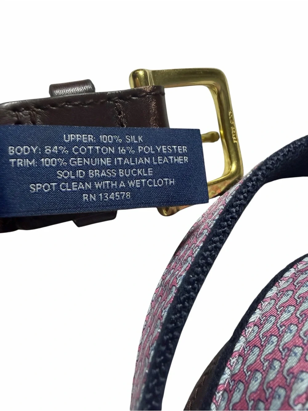 Vineyard Vines Pink Patterned Leather Belt with Gold Buckle